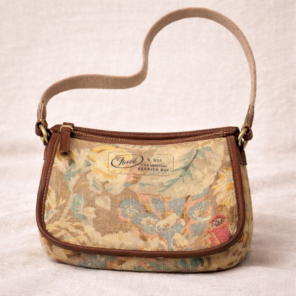 Vintage Fossil No. 054 Floral Canvas & Leather Shoulder Bag Rare Cottagecore